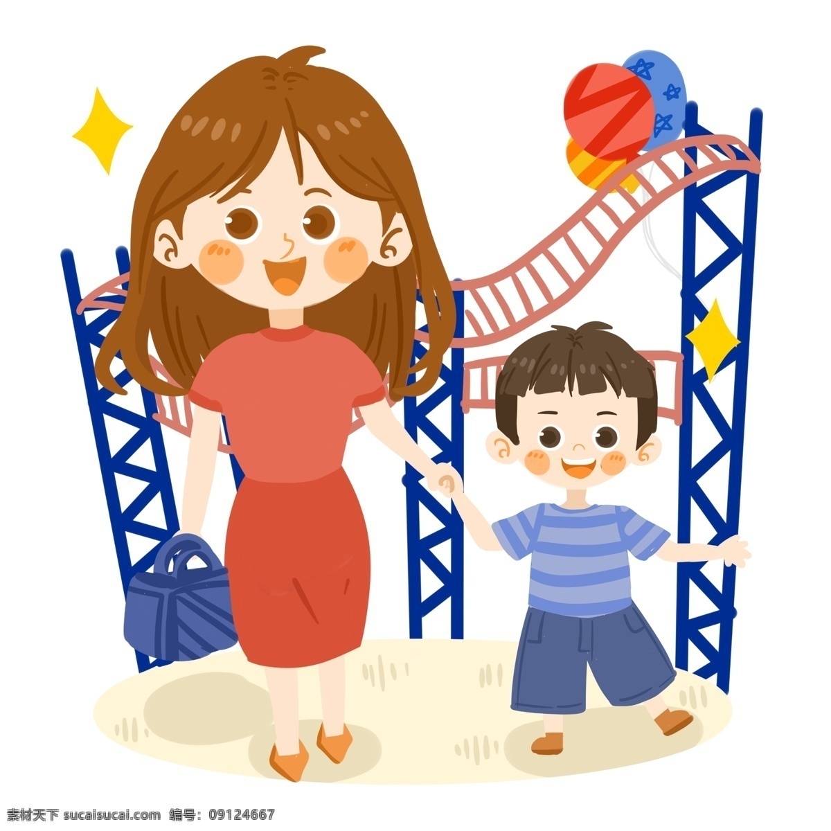 儿童节 可爱 男孩 妈妈 去 游乐场 玩耍 星星 和妈妈 气球