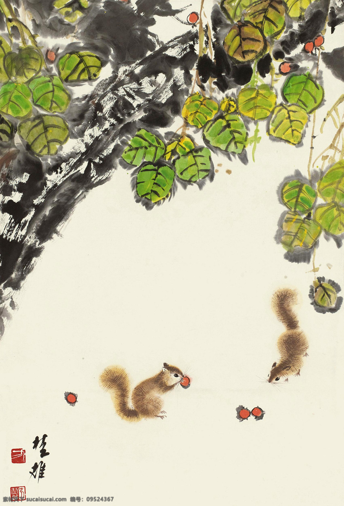 松鼠 方楚雄 国画 树林 绿树 写意 水墨画 中国画 绘画书法 文化艺术