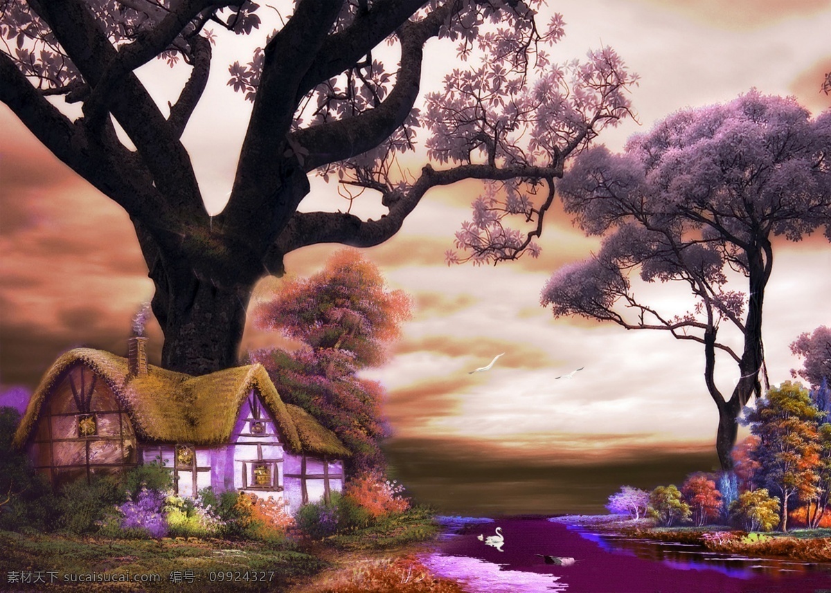 风景 插画 紫色 傍晚 装饰背景墙 自然景观 自然风光