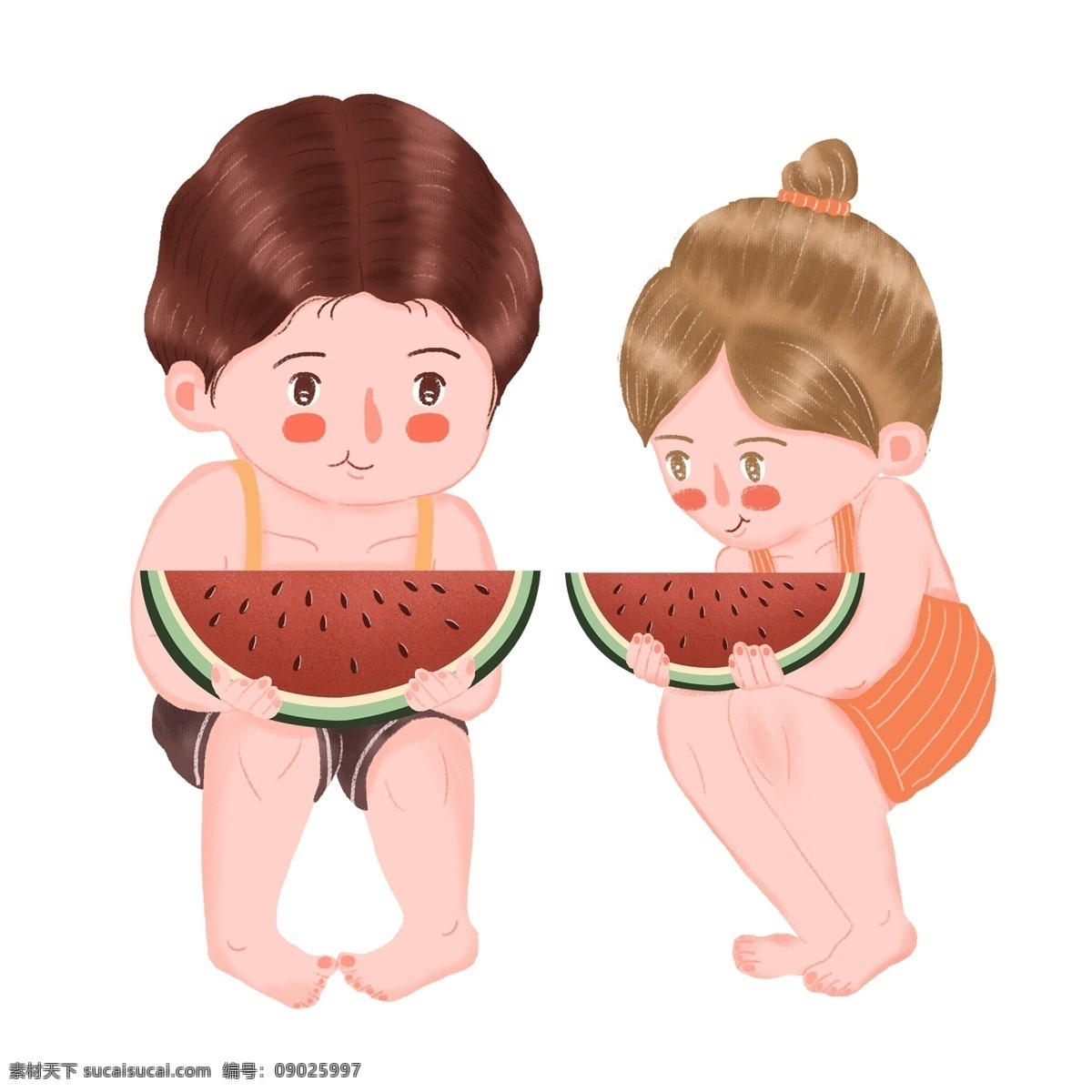 清凉 夏天 吃 西瓜 兄妹 俩 手绘 清凉夏季 卡通 吃西瓜 男孩 女孩 插画