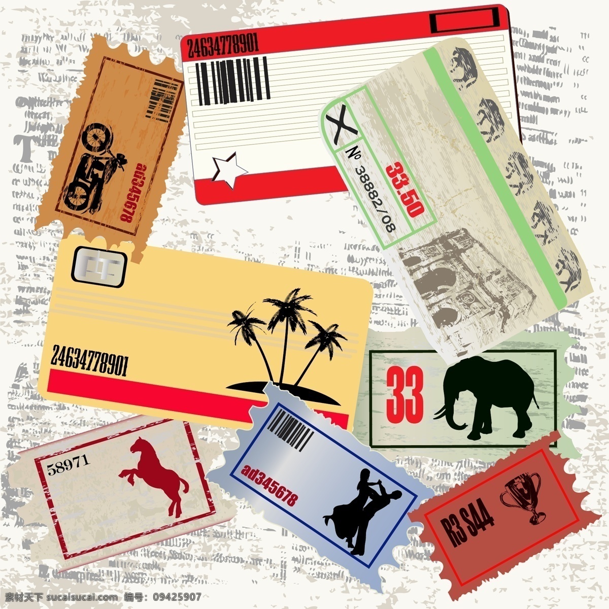 矢量 旅行 票据 存根 素材图片 机票 旅游 铅笔 邮票 登机牌 矢量图 日常生活