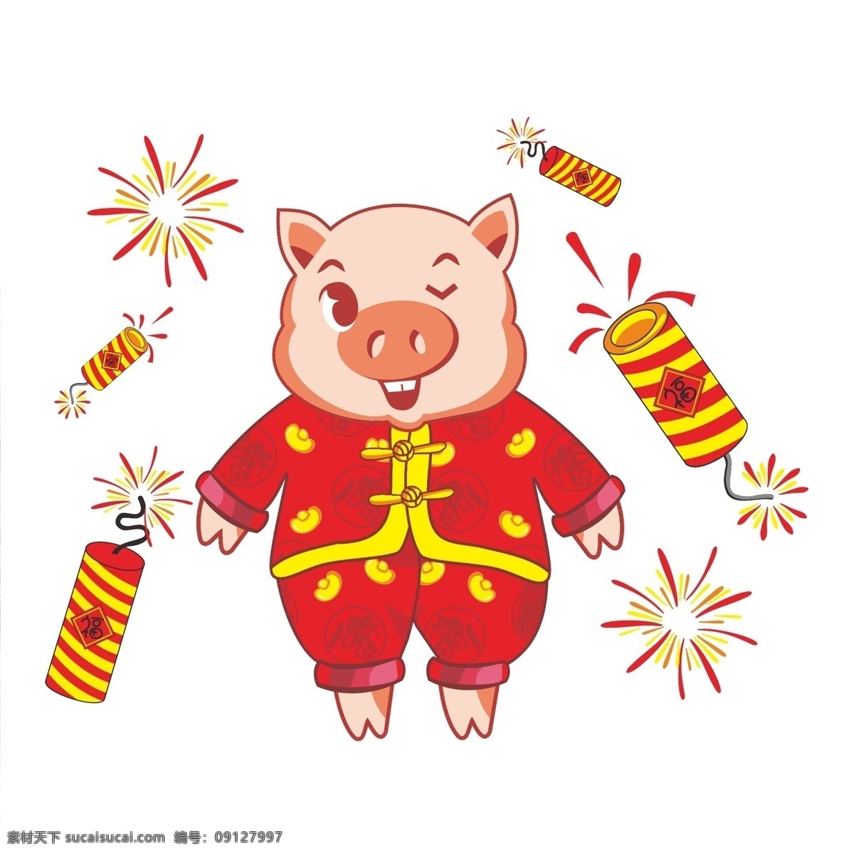 猪 卡通 新年 红色 系 猪猪 过节 春节 过年 新年卡通 可爱 中国风 唐装 烟花 鞭炮 福 元宝