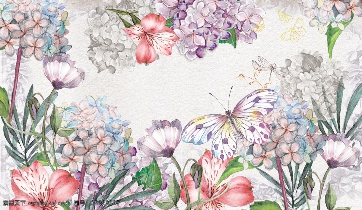 手绘 缤纷 绣 球花 源文件 粉红色是 水彩 紫色 奶白色 绿叶 盛放 装饰图案
