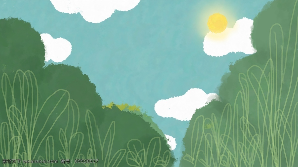 简约 手绘 天空 太阳 植物 banner 背景 手绘背景 旅游背景 植物背景