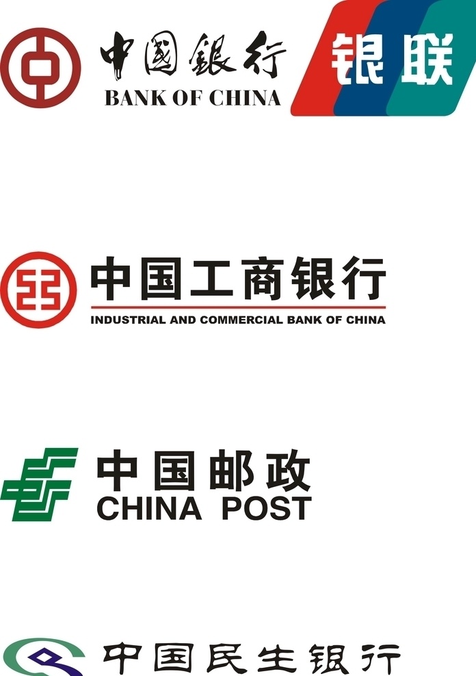 中国银行 中国工商银行 邮政 银联 邮政银行 中国民生银行 标志图标 公共标识标志