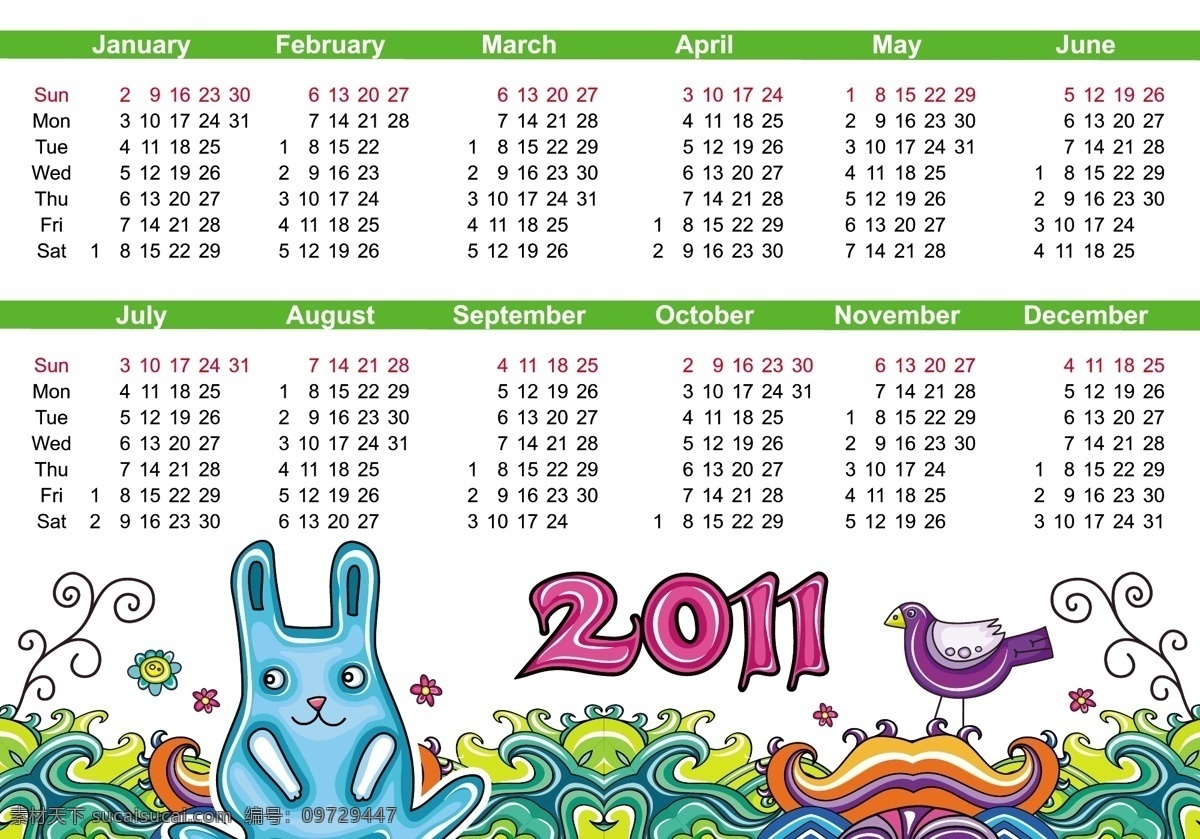 2011 年 可爱 手绘 日历 矢量 矢量素材 兔子 线条 小鸟 节日素材 其他节日