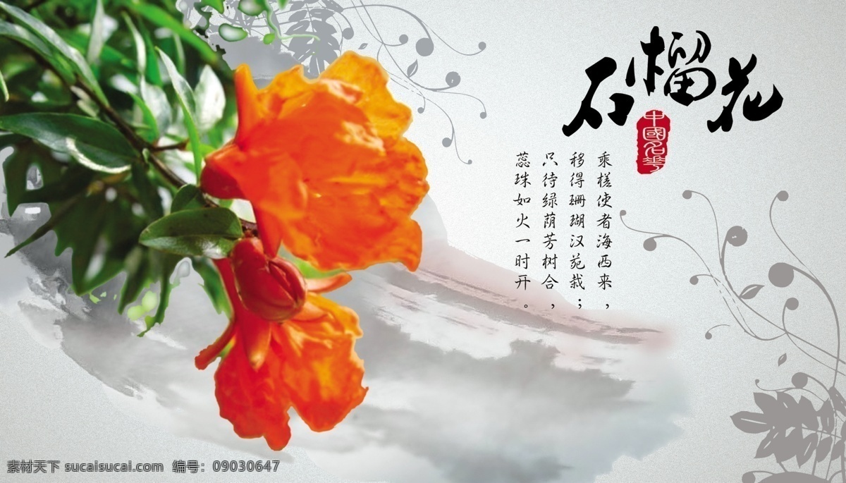 中国 名花 石榴花 中国名花 鲜花 花朵 水墨 花纹 中国风 意境 东方风韵 墨迹 春暖花开 古典风格 古典诗词 古典 五月花 五月 广告设计模板 源文件