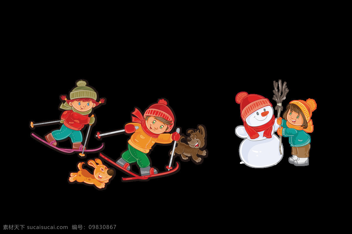 卡通 儿童 滑雪 冬天 狗狗 可爱 手绘 雪人