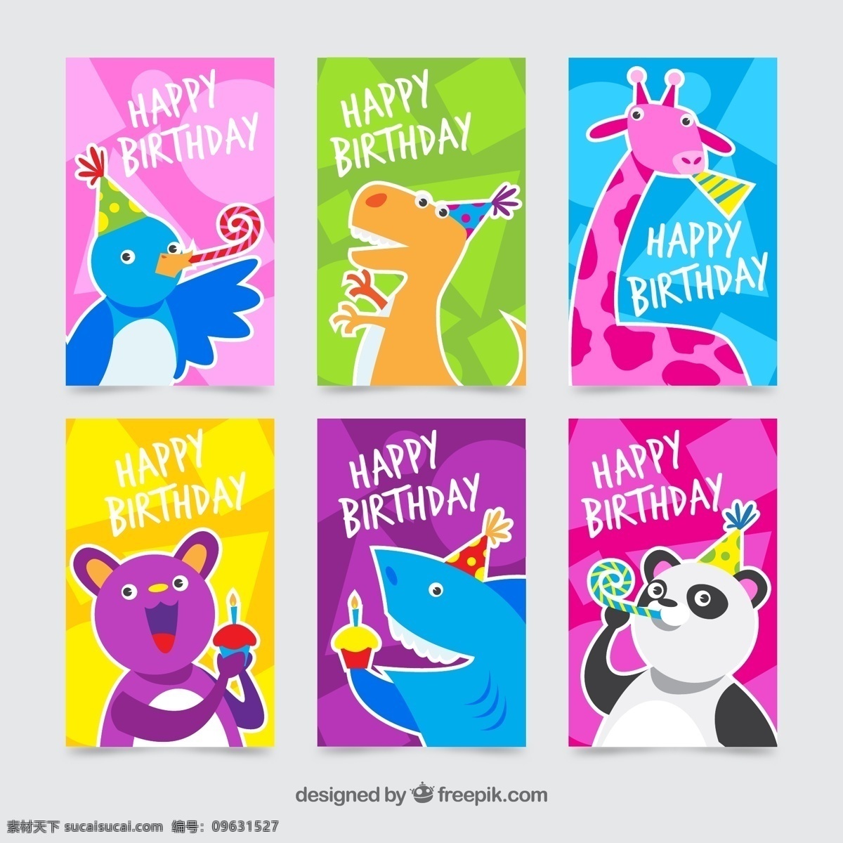 款 创意 动物 生日 卡片 矢量 鸟 恐龙 长颈鹿 猫 鲨鱼 熊猫 彩色纸屑 happy birthday 纸杯蛋糕 名片卡片