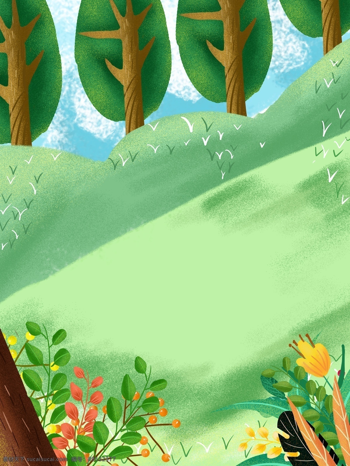 森 系 治愈 植物 树林 插画 背景 绿色背景 治愈系背景 插画背景 植物背景 唯美 草地背景 蓝天白云