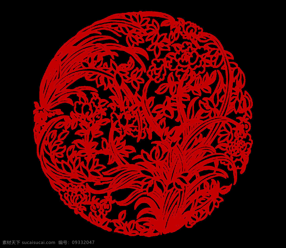 红色 中式 花草 纹 元素 png元素 免抠元素 透明元素 中国风