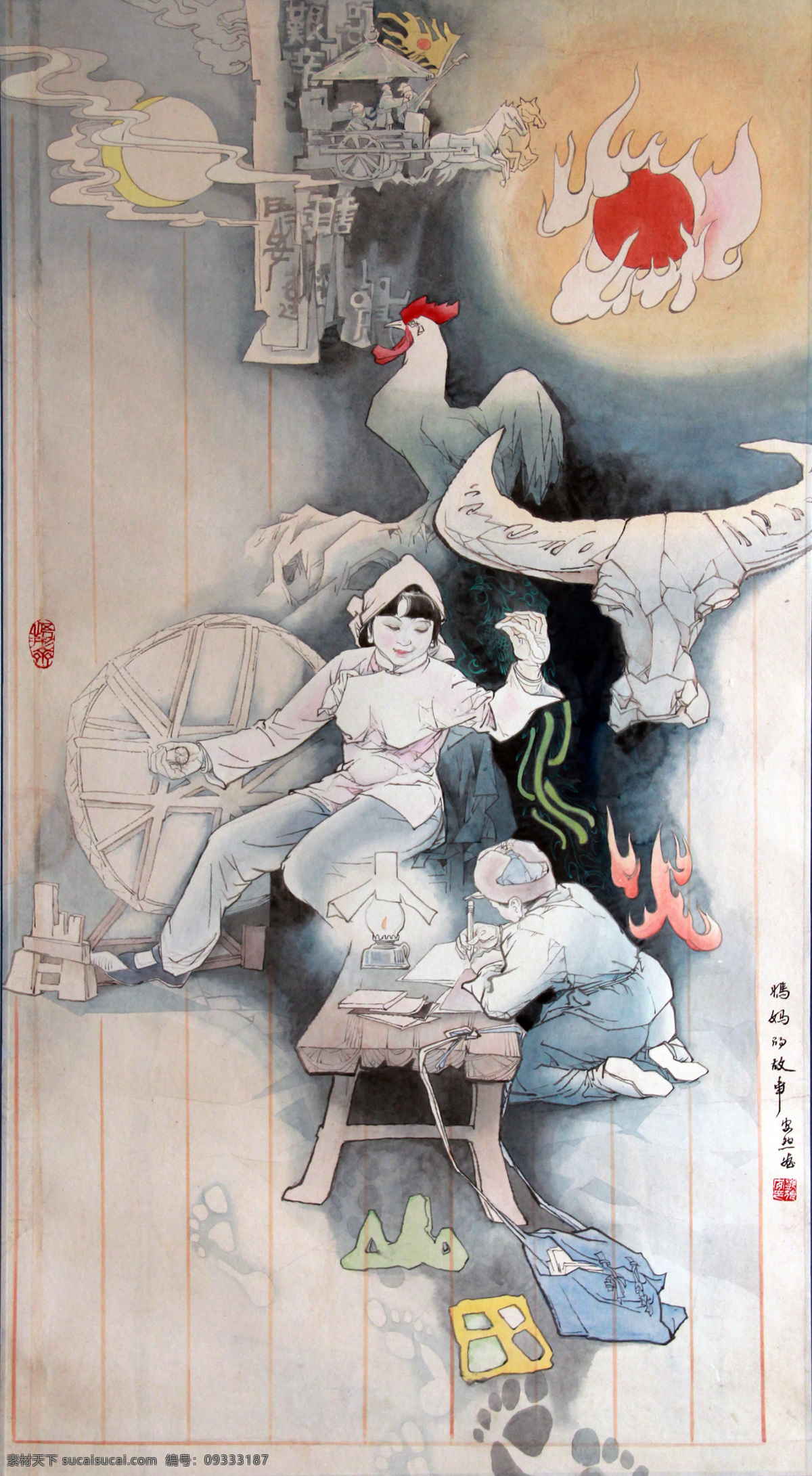 妈妈的故事 人物绘画 母子 纺织车 织女 异想空间 教子 绘画艺术 绘画书法 文化艺术