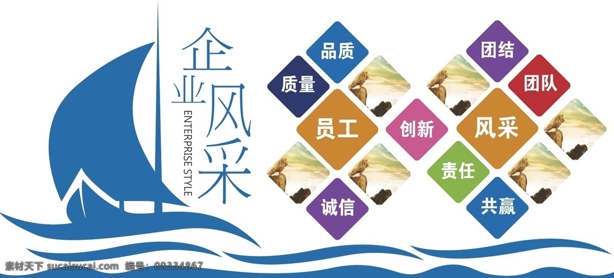 文化墙 照片墙 企业风采 员工风采 品质 质量 诚信 创新 团队 异型 雕刻 船 帆