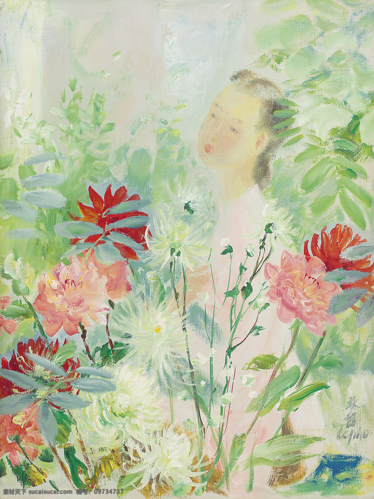 美人 花花 似 梦 黎谱作品 花园中 盛开的花朵 一少女 明媚的阳光 现代油画 油画 文化艺术 绘画书法