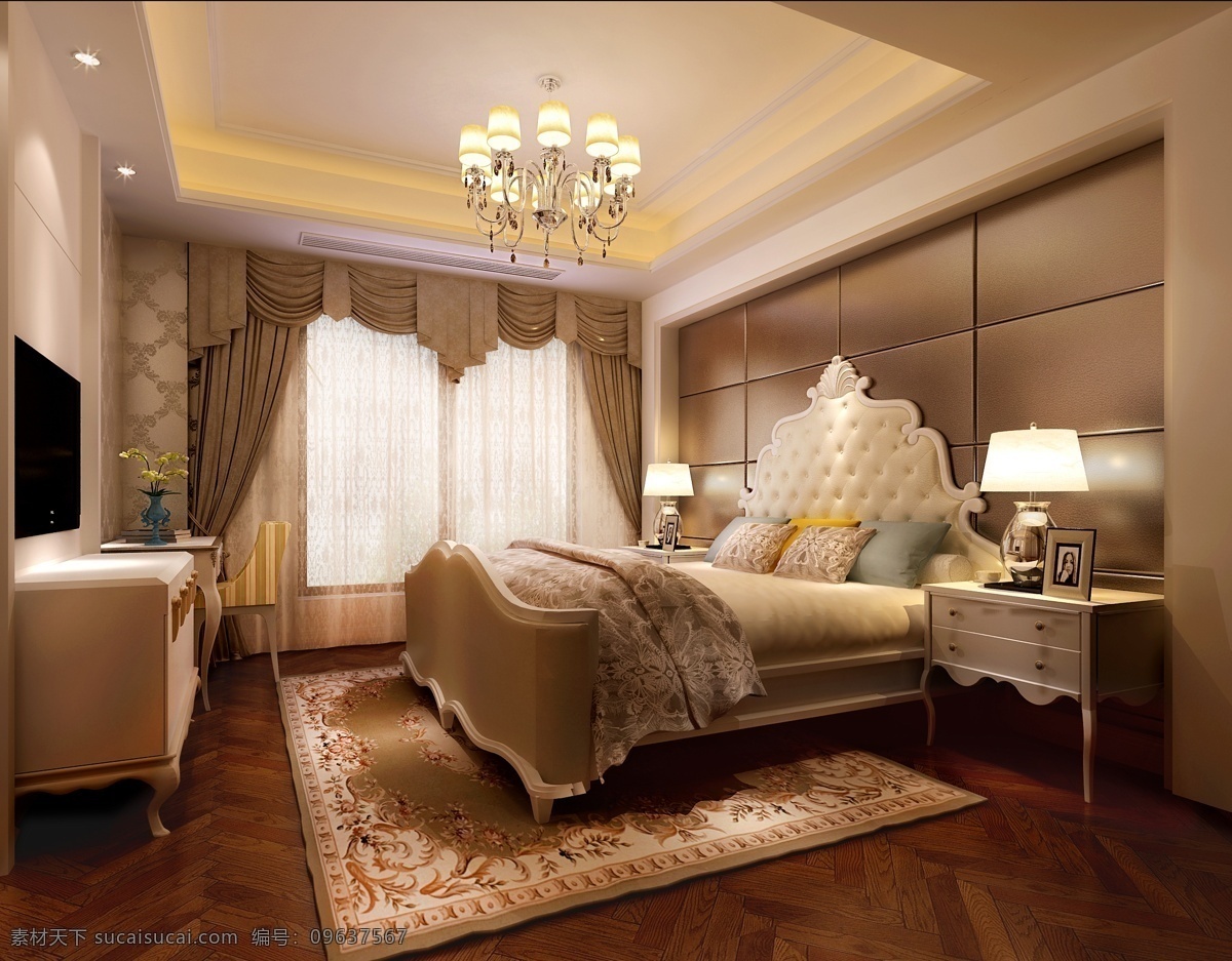 卧室 效果图 精装修 装修 样板房 新古典 大气 气派 主卧 床 床品 环境设计