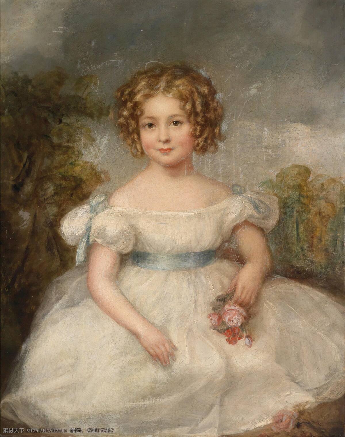 小姑娘 贵族之家 小女孩儿 白色连衣裙 地上 树木 19世纪油画 油画 绘画书法 文化艺术