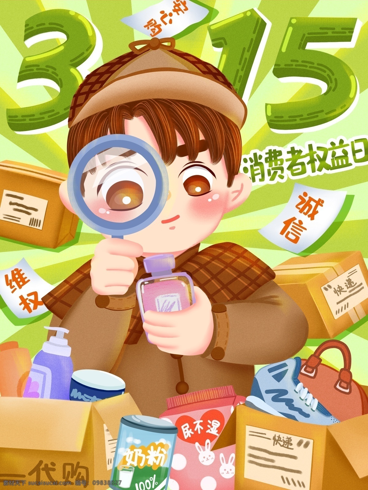 消费者 权益日 打假 侦探 手绘 插画 消费者权益日 315打假 三一五 维权 安全 诚信 购物 315放心购 辨别假货 维护自身权益 网购安全 电商诚信 调查 放大镜 快递 包裹 民生