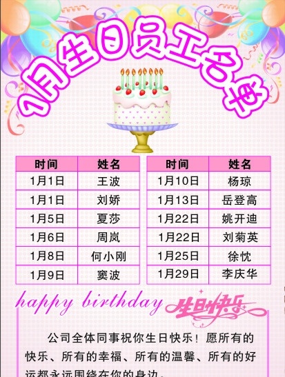 生日名单 生日快乐 名单 蛋糕 祝福语 表格 粉色背景 节日素材 矢量