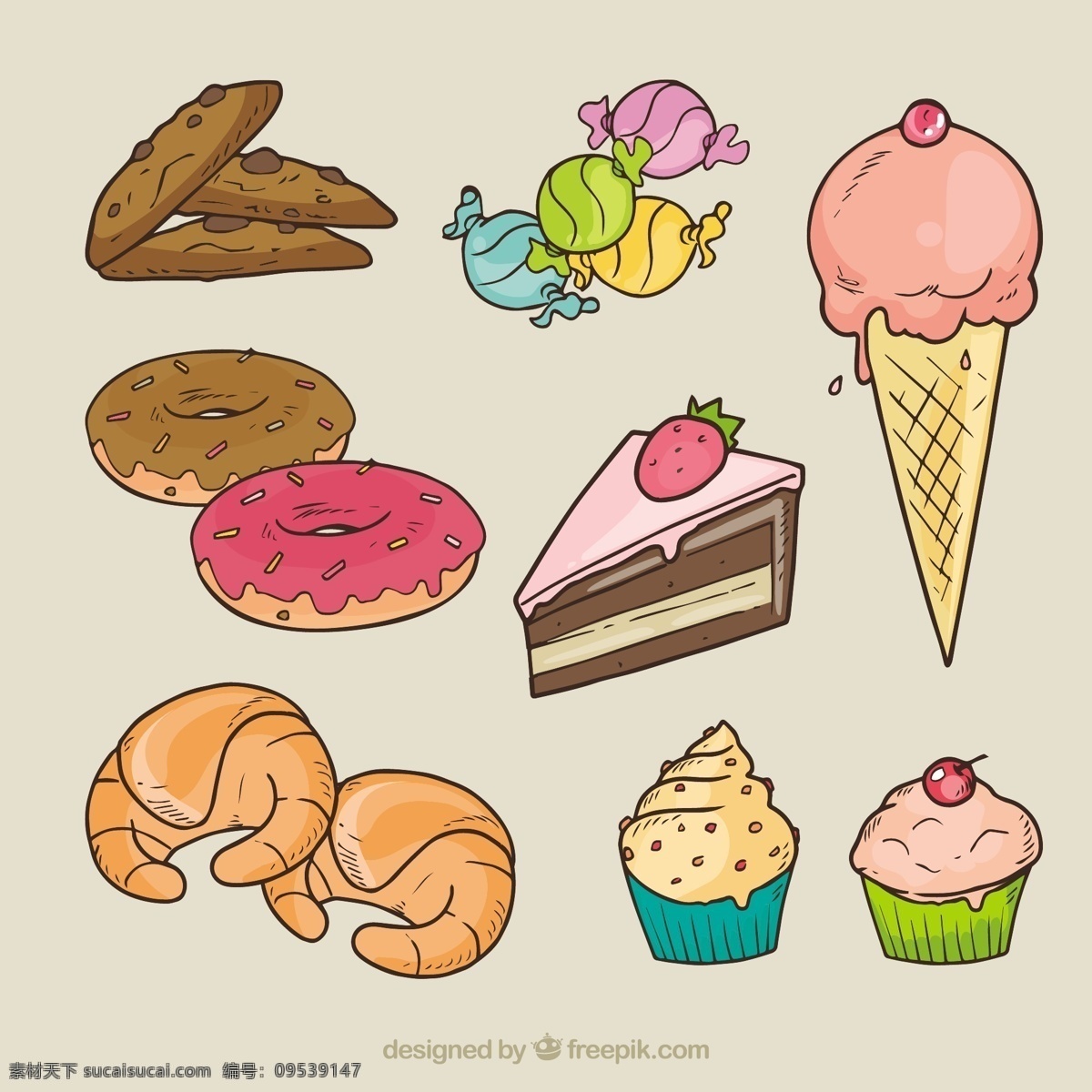 各种糖果插图 蛋糕 面包 冰淇淋 糖果 甜 插图 甜甜圈 牛角包 美味可口 品种繁多 灰色
