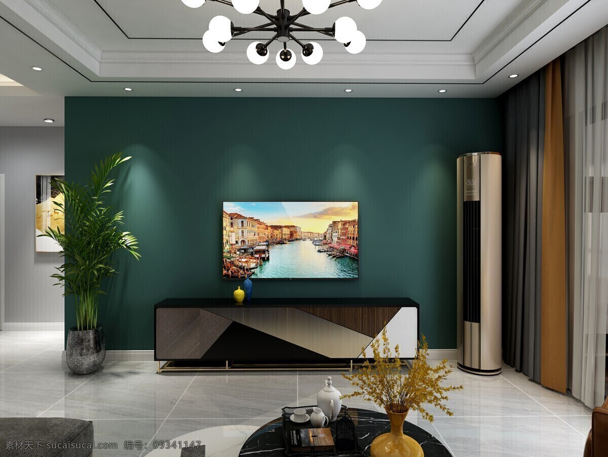 客厅电视墙 客厅 电视墙 效果图 墨绿 孔雀绿 简单背景墙 现代客厅 3d设计 3d作品