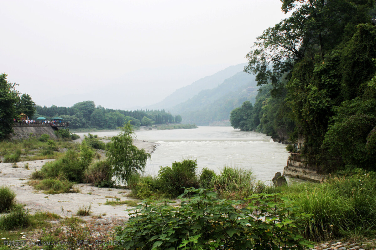 都江堰 水利工程 大河 大江 山水 树木 自然景观 自然风景 白色