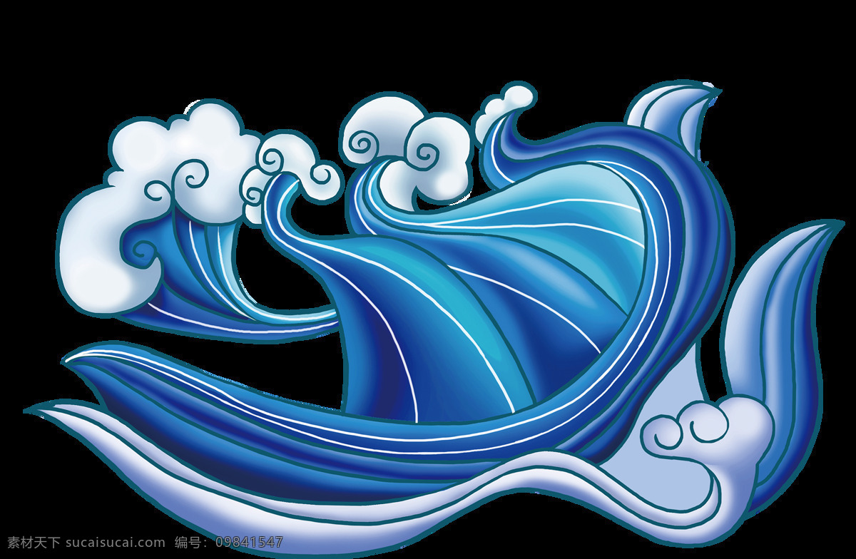 手绘 蓝色 海浪 元素 简约 中国风 线条 png元素 免抠元素 透明元素