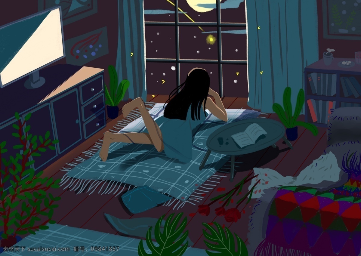 少女 晚安 你好 星空 夜晚 情感 植物 叙事