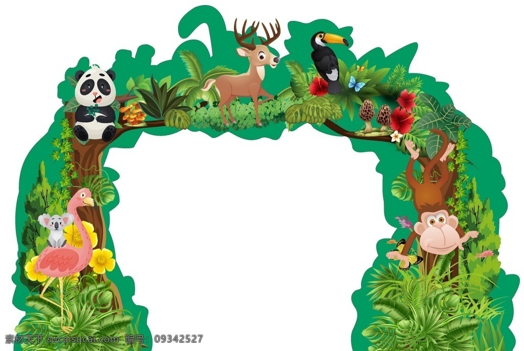 动物龙门架 植物龙门架 熊猫 鹿 猴子 鸟 火烈鸟 卡拉 热带植物 绿色植物 卡通动物