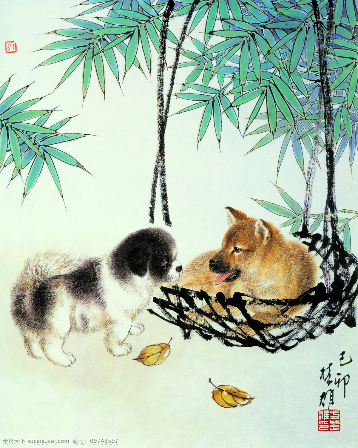 俩 小 无猜 背景 宠物 风景 狗 花鸟画 绘画书法 设计图库 十二生肖 书法 文化艺术 俩小无猜 动物画集 印章 竹 生物世界