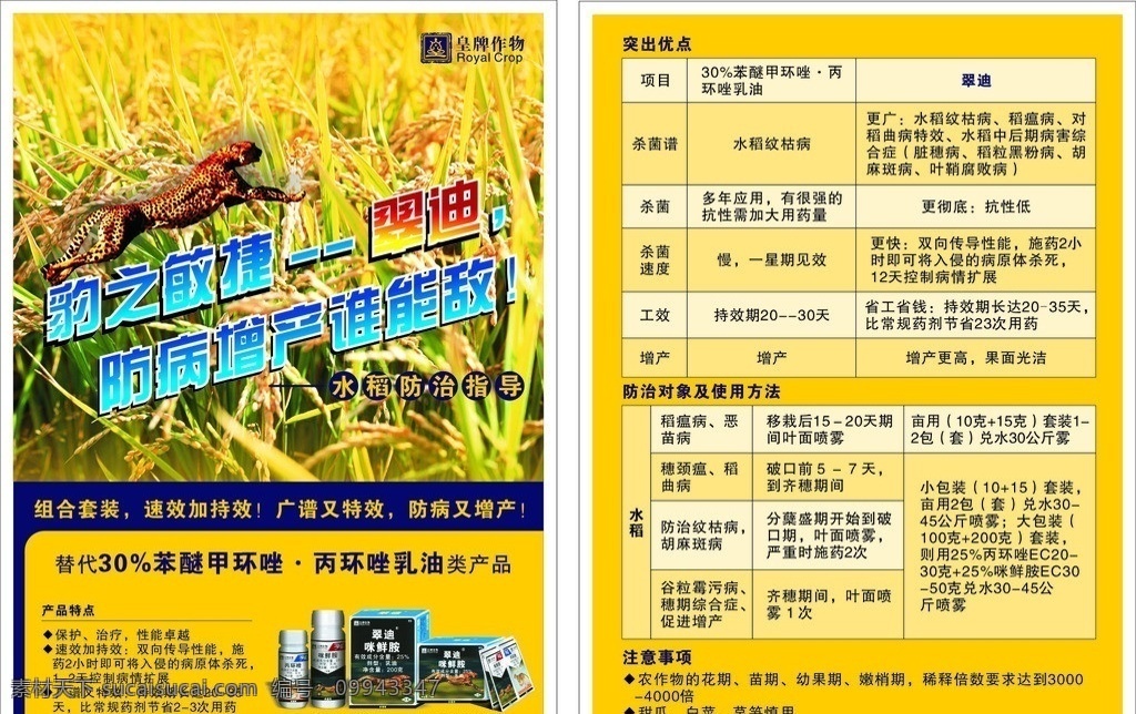 水稻病害防治 农药广告 农药海报 皇牌 套装组合 咪鲜胺 丙环唑 金色水稻 水稻 丰收 金色稻谷 农药单页 农药宣传资料 dm宣传单 猎豹 矢量豹子 农药矢量标签 包装设计 矢量