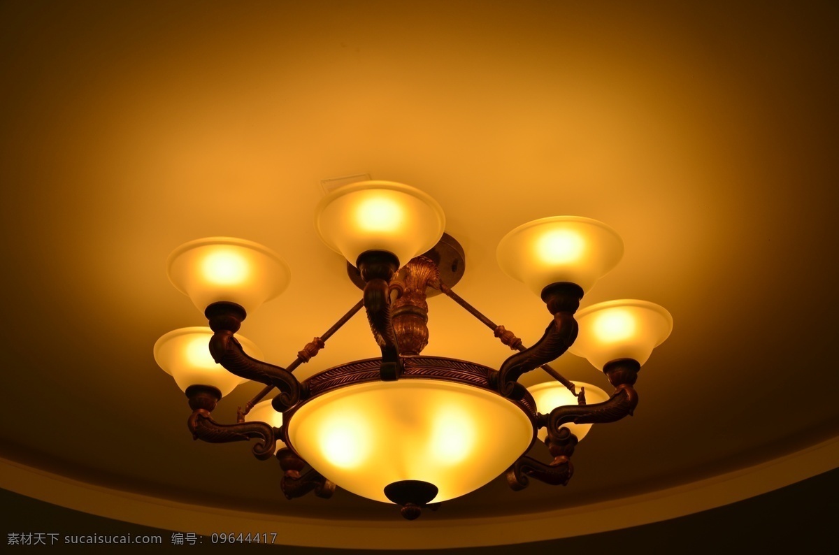 家庭 建筑园林 室内摄影 家庭客厅大灯 客厅顶棚 大灯 中间一盏大灯 四周八盏小灯 形似一朵花 光线柔和 家居装饰素材 灯饰素材