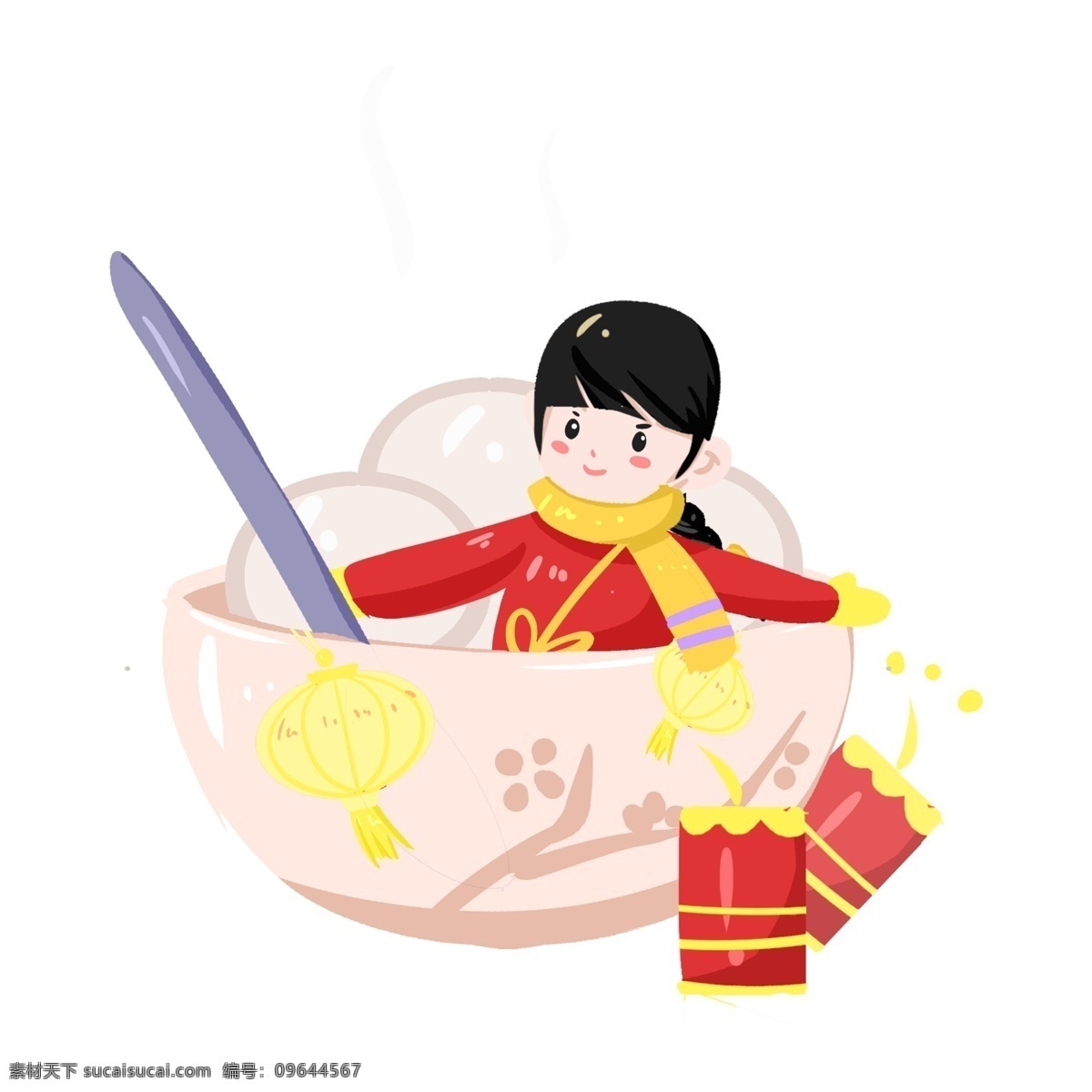传统 习俗 正月十五 闹 元宵 手绘 插画 中国传统 勺子 可爱 女孩 碗 二十四节气 黑芝麻汤圆 南方习俗 吃汤圆 冬至 汤圆 立冬