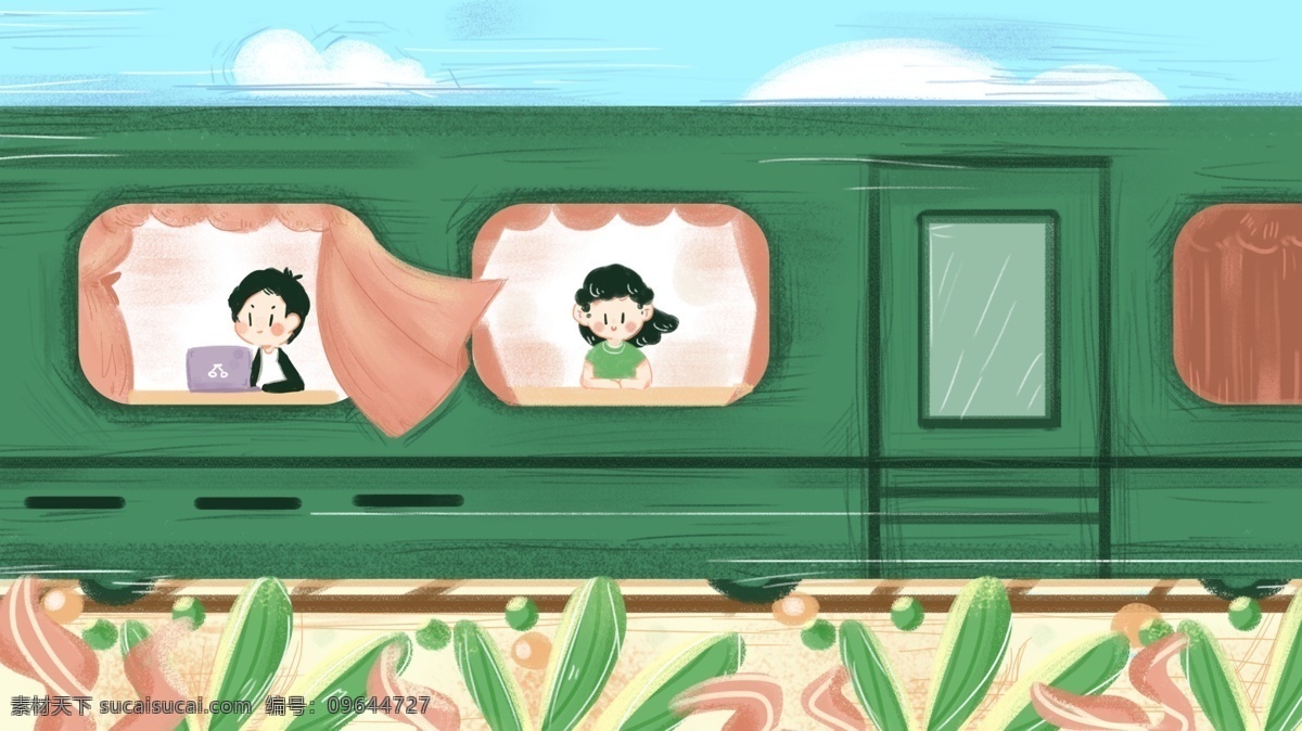 夏日 火车 旅行 插画 手绘 涂鸦 背景 海报 儿童 可爱 壁纸 交由 郊游 儿童插画