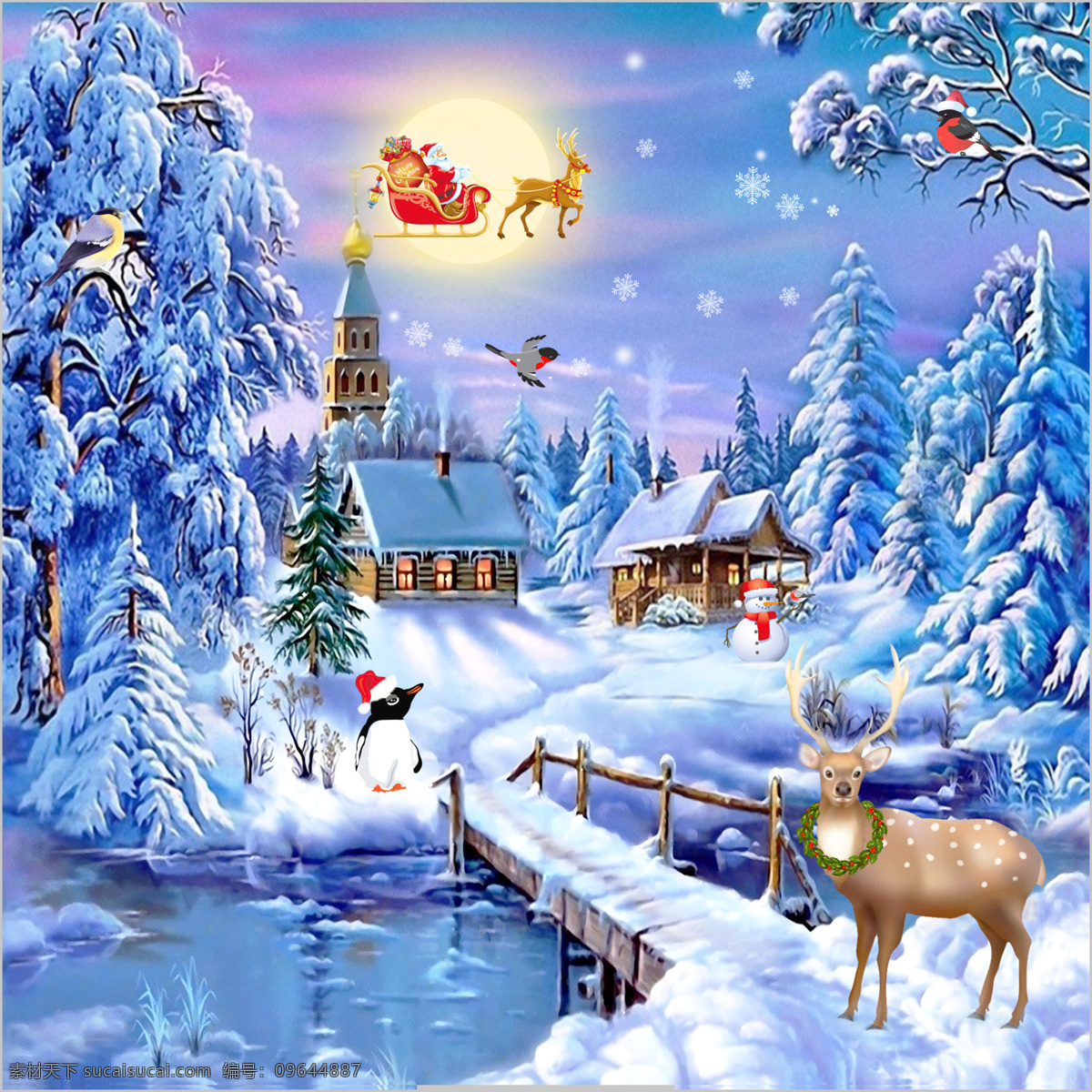 圣诞雪景 圣诞 雪景 麋鹿 房子 圣诞老人