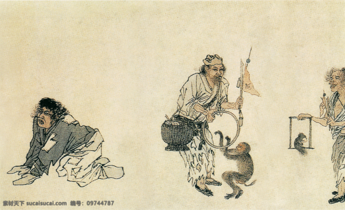 国画 国画艺术 中国风 文化画 中国画 水墨画 水墨 绘画书法 文化艺术 古代 人物 三个老人 耍猴 猴子