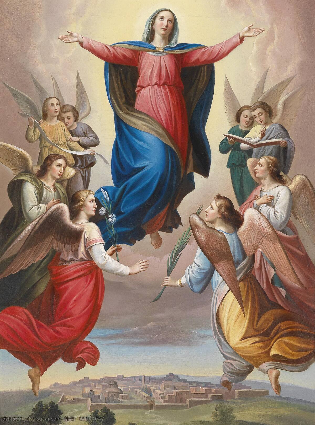 圣母玛丽娅 天使 圣母 围绕 祈祷 女人 山庄 油画 绘画书法 文化艺术