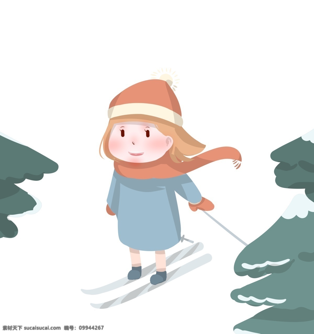 冬季 出行 滑雪 插画 滑雪的孩子 卡通插画 寒冷的冬季 美丽的雪景 绿色的松树 手绘冬季插画