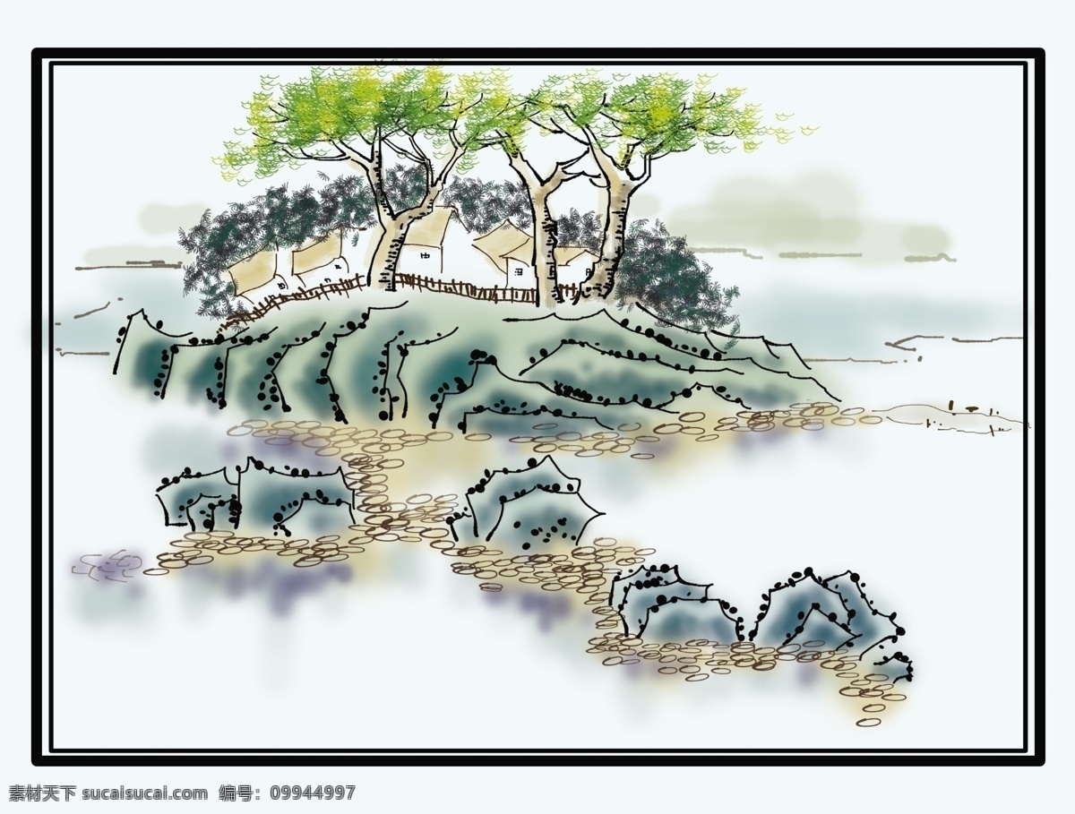 国画小屋 国画 水墨画 写意国画 写意画 小屋 柳树 小河 风景 小树 像框 631 湖 湖水 玻璃图 分层 源文件库