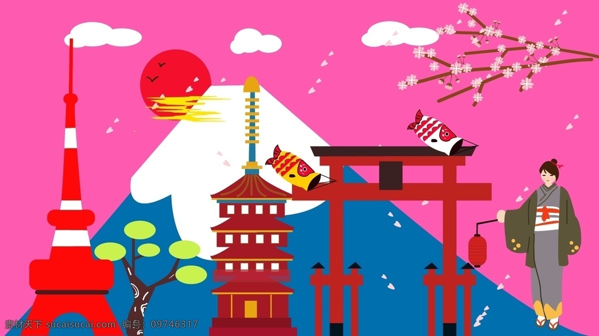 畅游 世界 日本 之旅 畅游世界 富士山 樱花 神庙 矢量插画 东京塔 浅草寺 和服少女