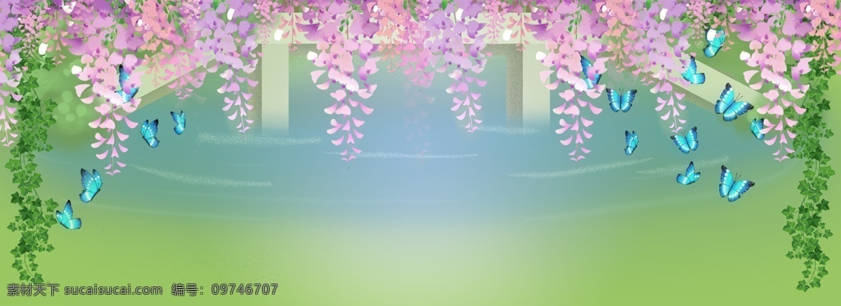 清新 风 春光 图 海报 植物 花 蝴蝶 绿色 河塘