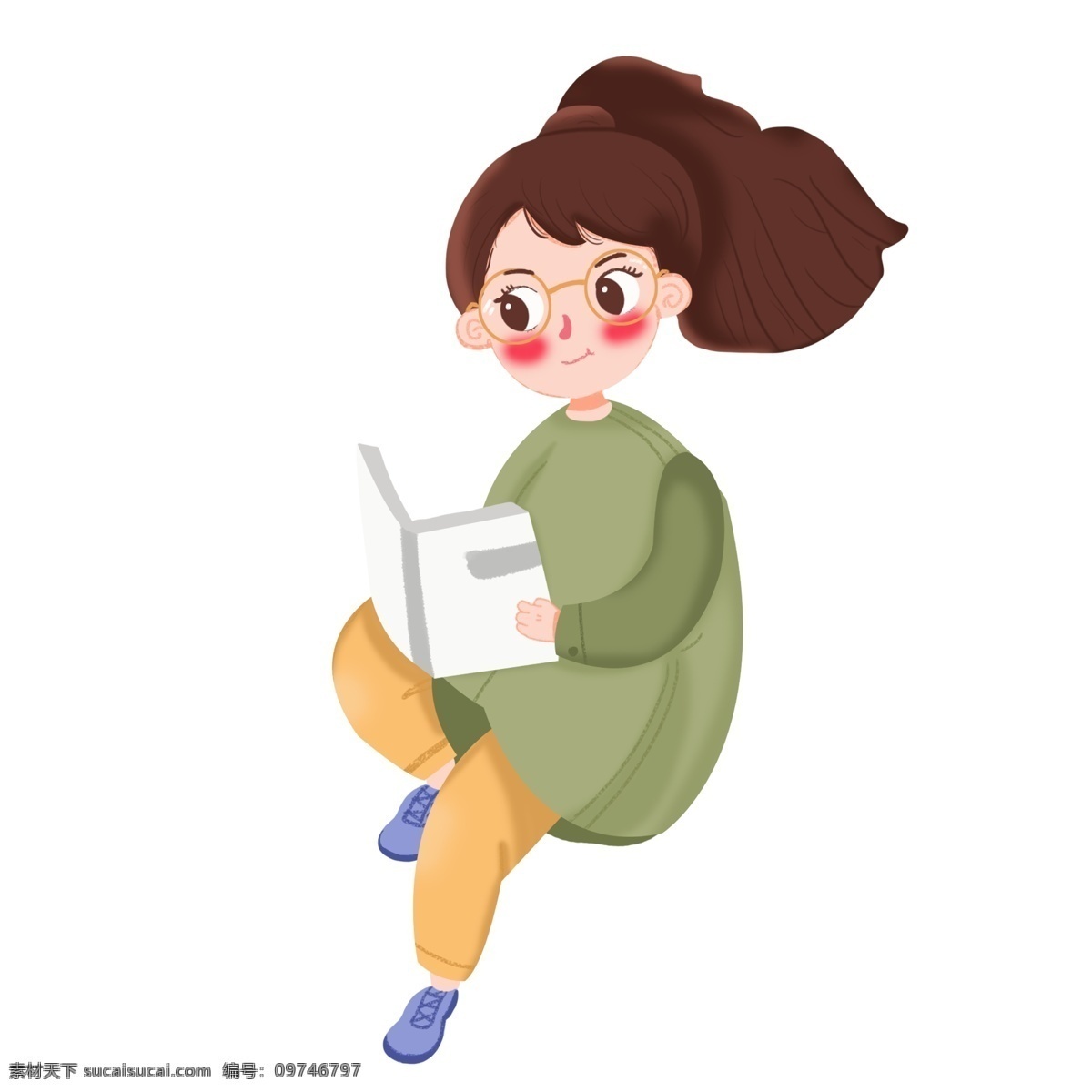 免 扣 读书 小女孩 世界读书日 创意卡通 卡通插图 女孩读书 美女读书 手绘女孩 课本 女孩插画
