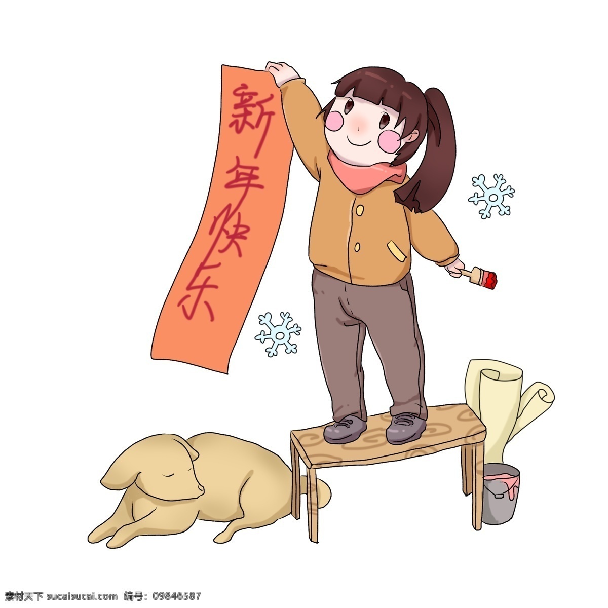 手绘 春节 贴 春联 女孩 插画 过春节 贴春联 红红火火 大年 快乐中国年 喜庆新年 可爱儿童 快乐女孩