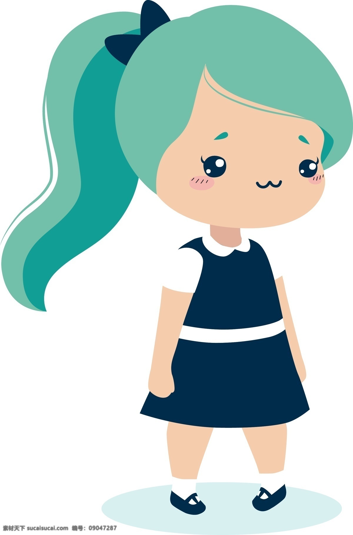 可爱 卡通 女孩 蓝 头发 马尾 矢量 元素 蓝头发 长发