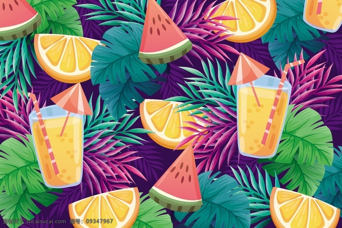 夏日缤纷果汁 背景矢量图 果汁 橘子 水果 西瓜 橙子 椰子 树叶 解暑 吸管 太阳伞 夏日背景 夏季背景 精美 装饰 时尚背景 酷炫 潮流 背景 矢量图 背景图 底图 包装设计 设计元素 科技 板报 海报 模板 办公 企划 餐饮美食 矢量 生物世界