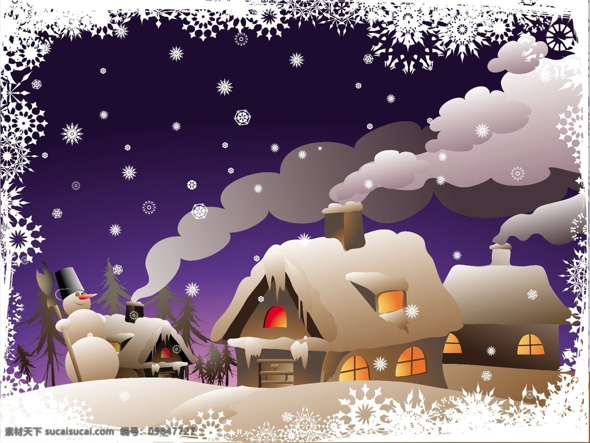 舒适 别墅 雪 冬季 矢量 场景