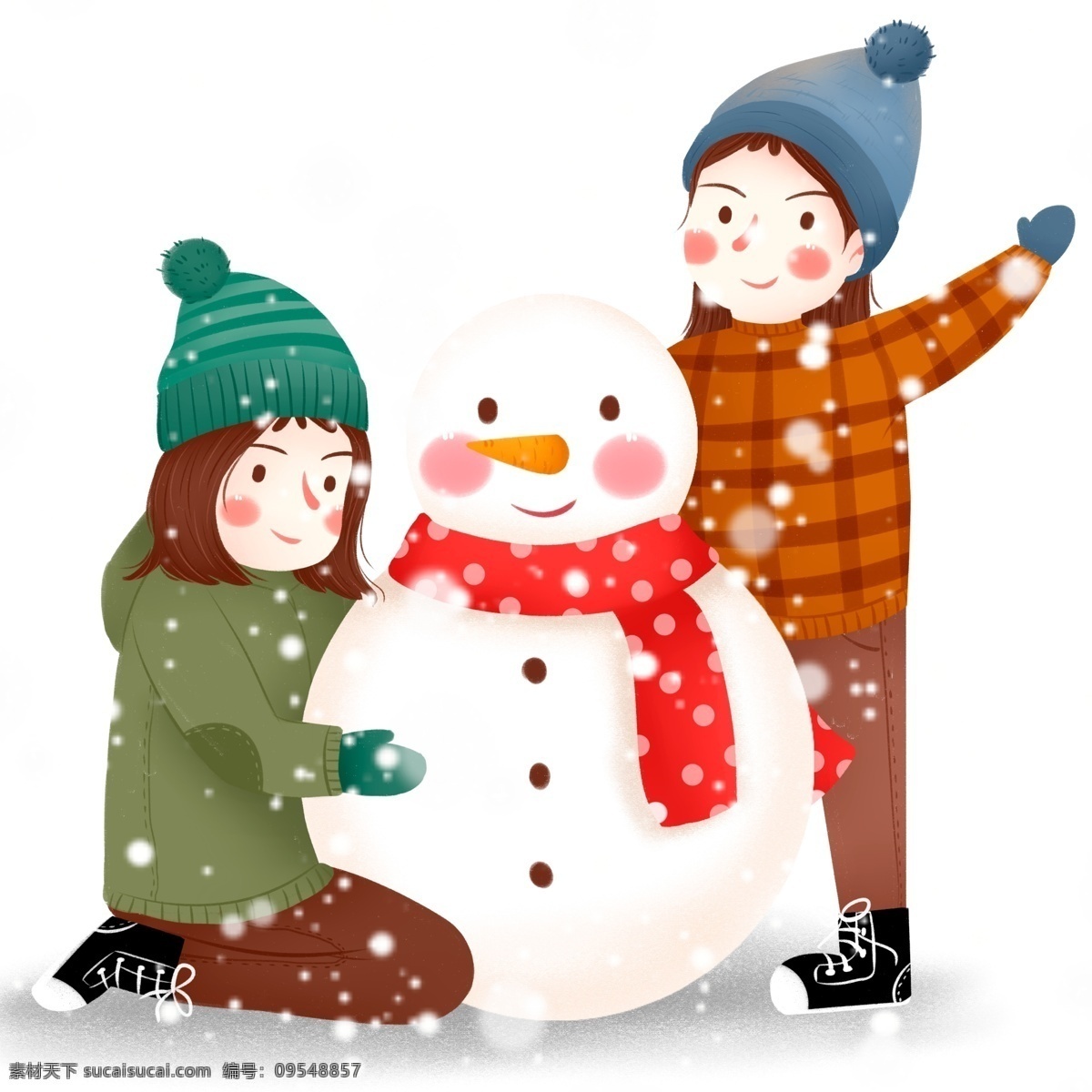唯美 清新 大雪 中 堆 雪人 姐妹俩 雪花 情侣 人物 冬天 堆雪人 冬日 卡通 女孩 男孩