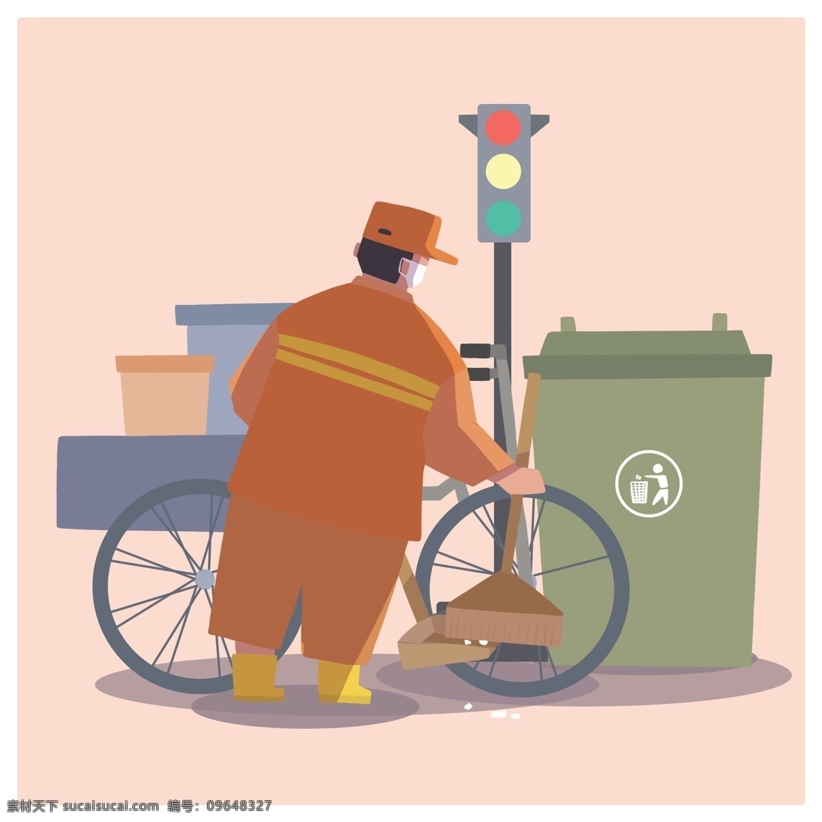 手绘 卡通 劳动节 清洁工 红绿灯 垃圾桶 清洁工人