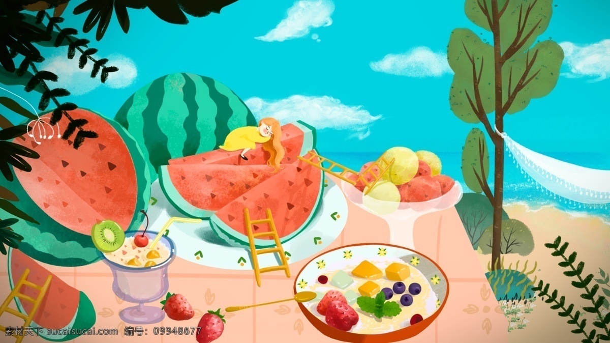 原创 手绘 夏至 绿色 西瓜 水果 简约 小 清新 插画 夏天 小清新 治愈 装饰画 包装 文章配图 公众号用图 海报 背景 艺术 桌面 壁纸 蓝色 粉色 灯泡