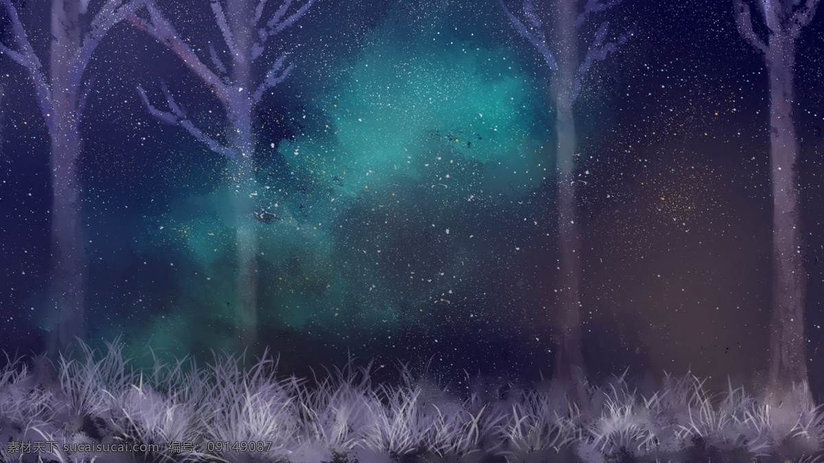 夜晚 树林 草地 卡通 背景