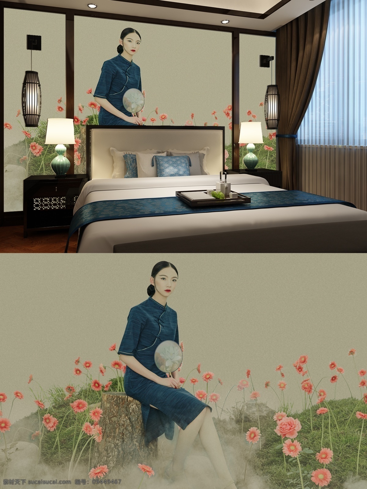 花瓣 草地 蒲扇 女孩 怀旧 中 国风 家居 背景 墙 家居背景墙 怀旧中国风